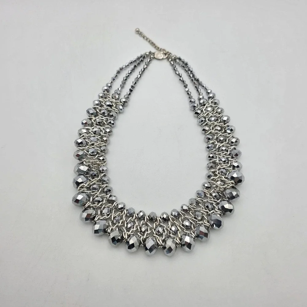 Vintage CHARMING CHARLIE Bib Collar Necklace Facet Glass Beads Gunmetal Gray 18